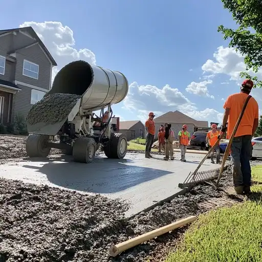 Concrete pouring at a construction site with workers and a cement mixer truck.