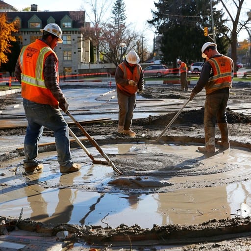 Construction workers pouring concrete for a building foundation.